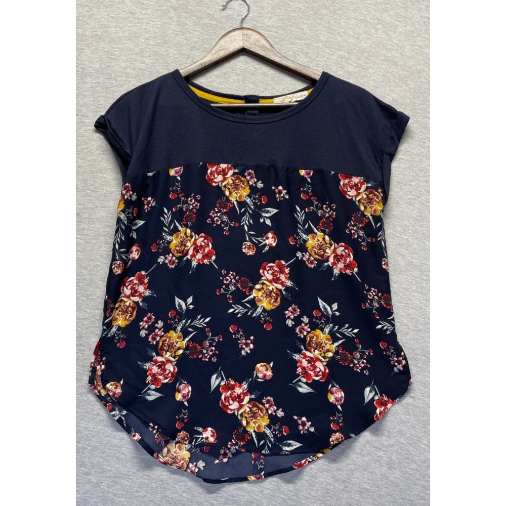 Rewind Blouse Top Womens Medium Navy Blue Floral Print Round Neck Cap Sleeves